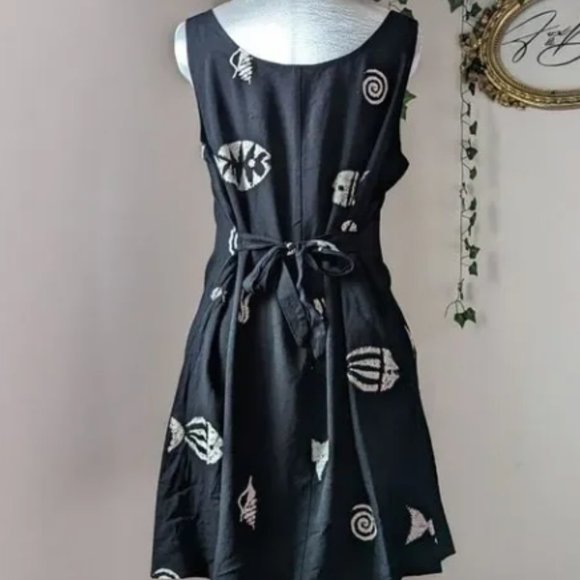 Connie Choi Vintage 90s Black Fish Print Mini Dress Hawaii Coastal Goth Retro L - Picture 5 of 5